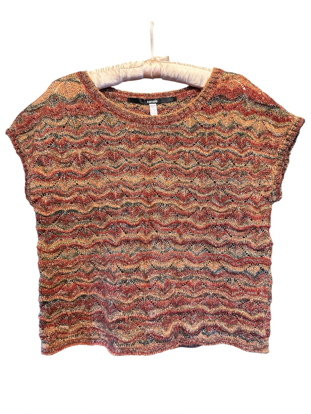 Kensie Multicolor Metallic Wave Knit Scoop Neck Sweater - Rust & Gold Tones SZ M